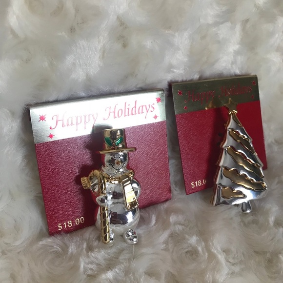 Rare Happy Holidays Snowman & Tree Brooch Pins NWT - Picture 4 of 10